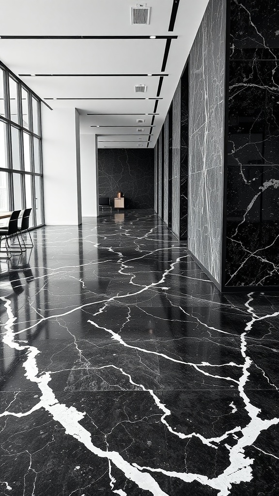 Interior view of a modern office with black and white textured marble flooring and marble feature walls.
