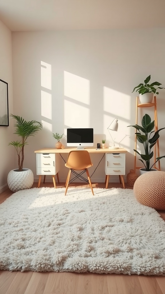 A bright home office featuring a fluffy rug, a stylish desk, and plants, creating a cozy atmosphere.