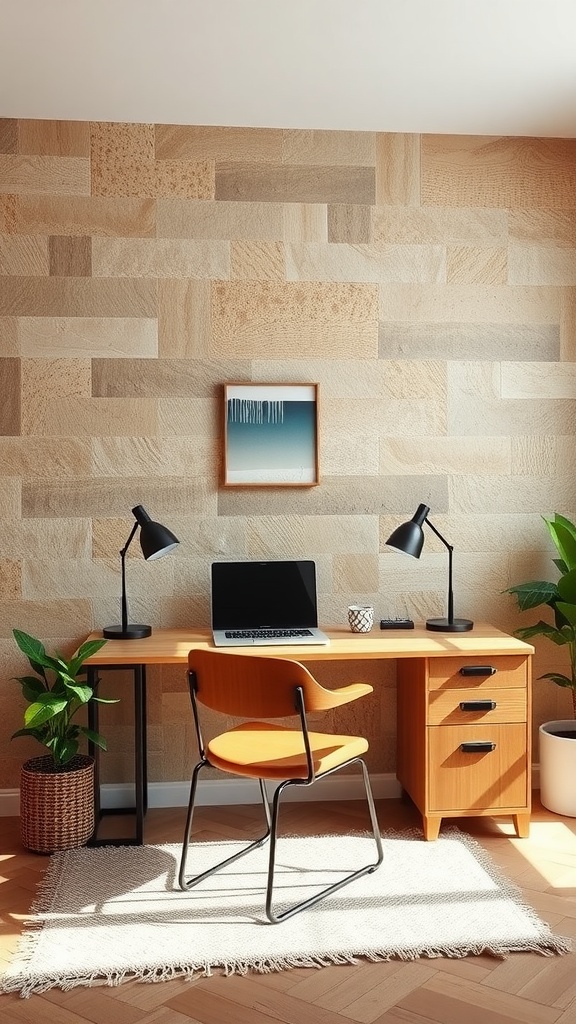 A modern home office featuring a textured wall with raised letters, a wooden desk, and a pink chair.
