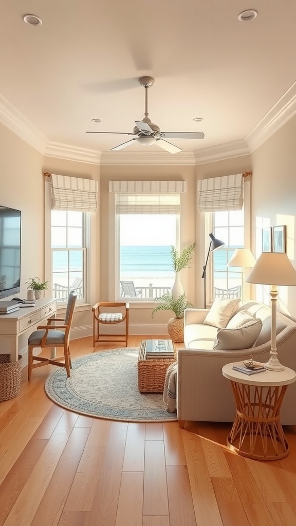 Coastal cottage home office featuring beige and white decor with ocean view