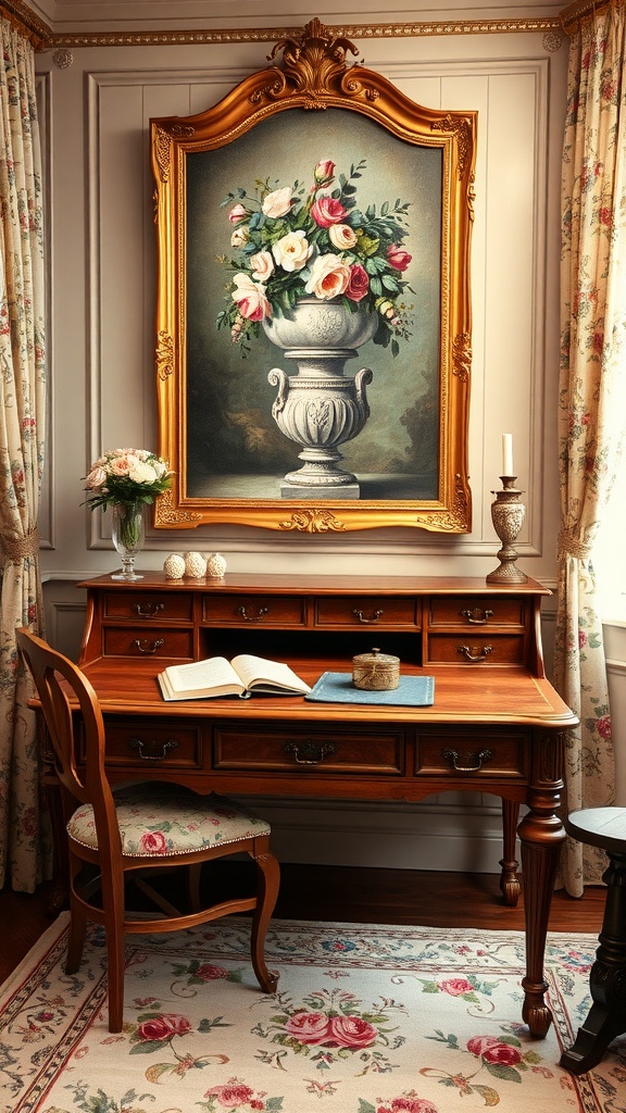 A vintage home office featuring a wooden desk, floral painting, and cozy decor