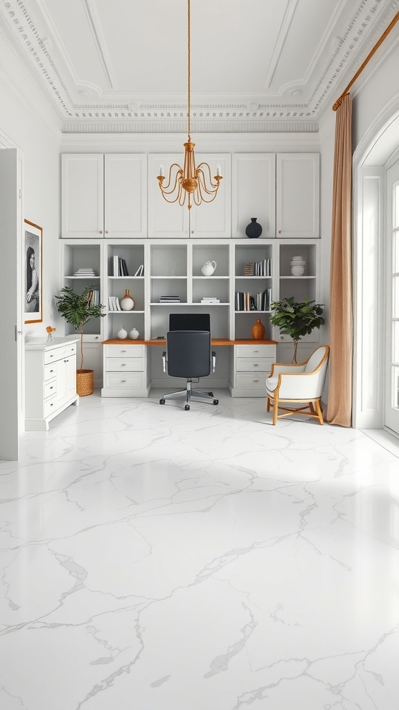 A bright and modern home office with White Carrara Venato marble flooring, showcasing a stylish desk and comfortable seating.