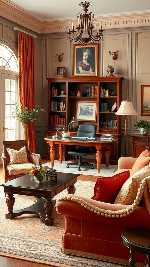 A traditional living room featuring a home office setup with elegant furniture and decor.