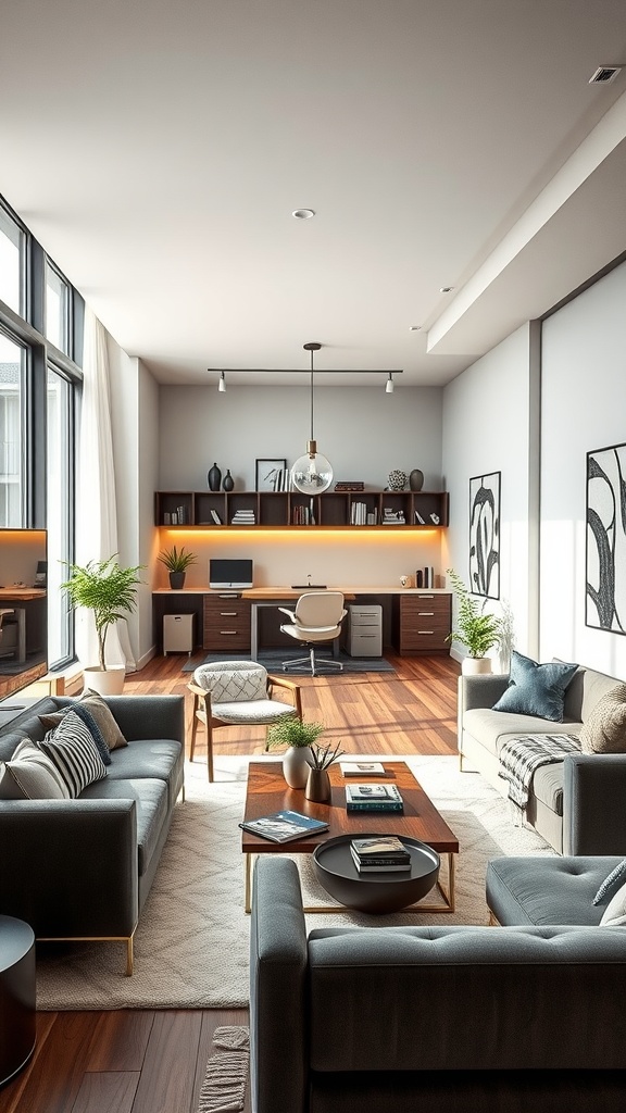 A modern living room with an integrated home office space, featuring stylish furniture and ample natural light.