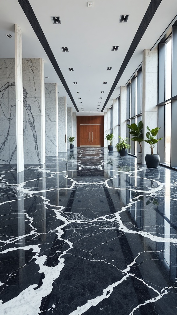 A modern office interior featuring unique Spider Black Marble flooring with striking black and white patterns.