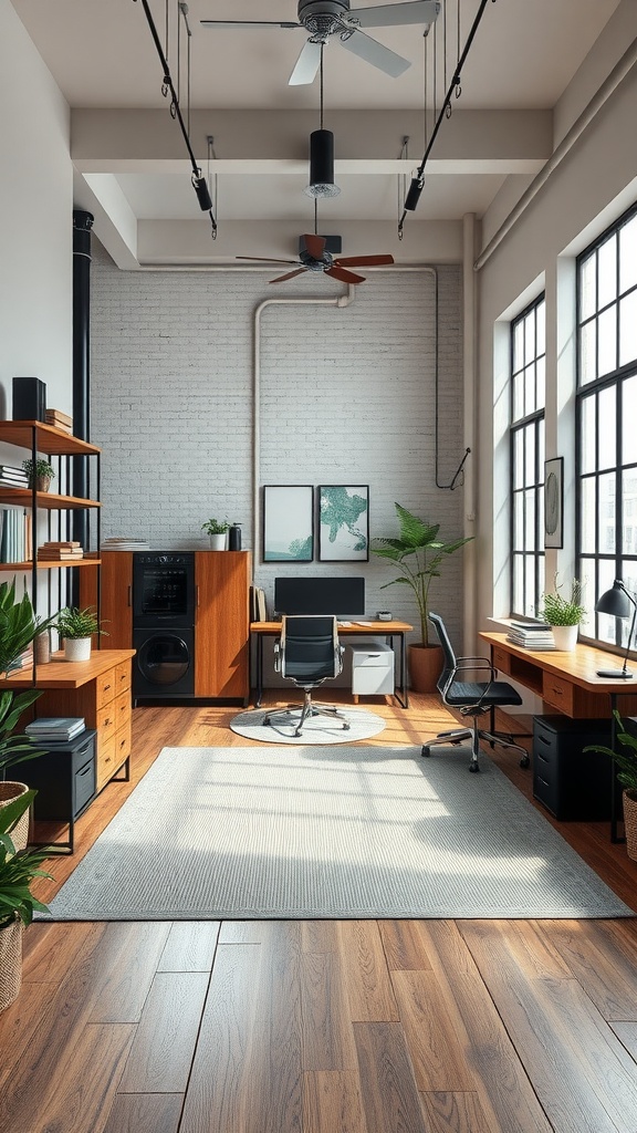 Stylish urban loft home office with wooden furniture, large windows, and plants.