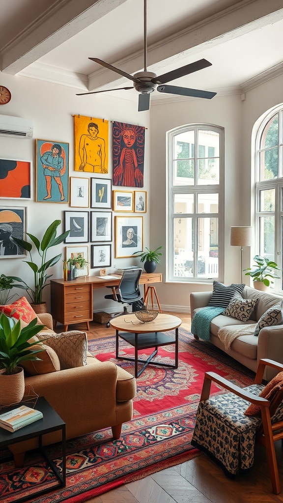 Eclectic living room with colorful artwork, cozy seating, and a desk for a multi-functional area.