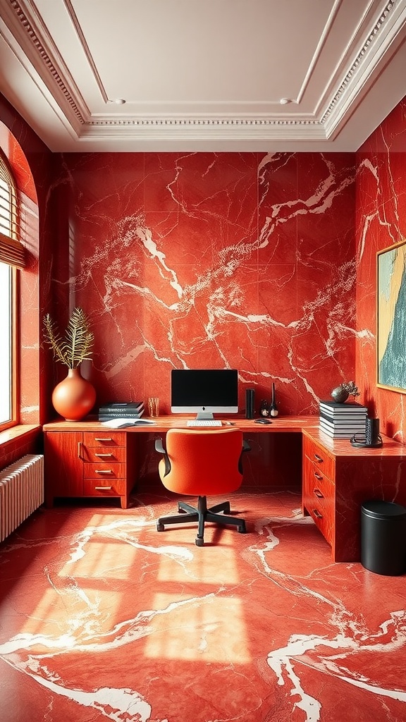 Home office with Rosso Verona marble flooring, showcasing vibrant red marble texture and a stylish desk setup.