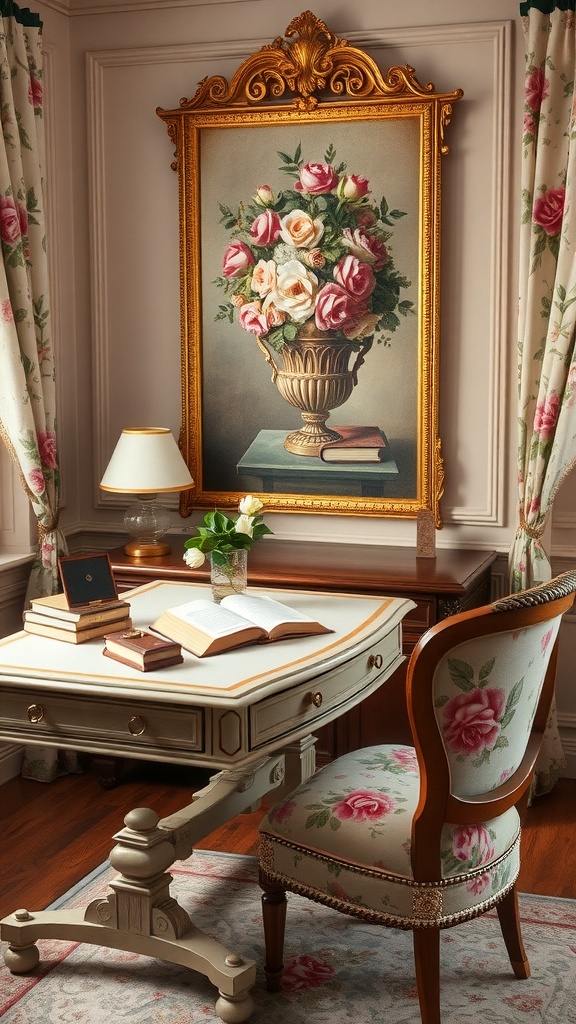 A vintage-inspired reading corner featuring an ornate desk with books and a lamp, surrounded by floral curtains and a framed floral artwork.