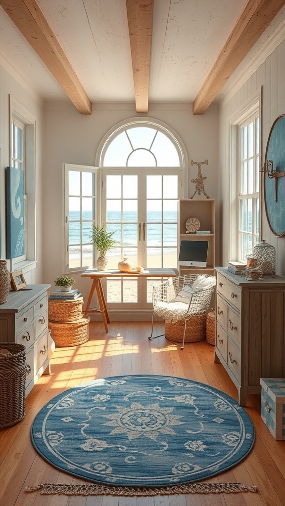 Cozy beach cottage interior with large windows, light wood beams, and a blue round rug