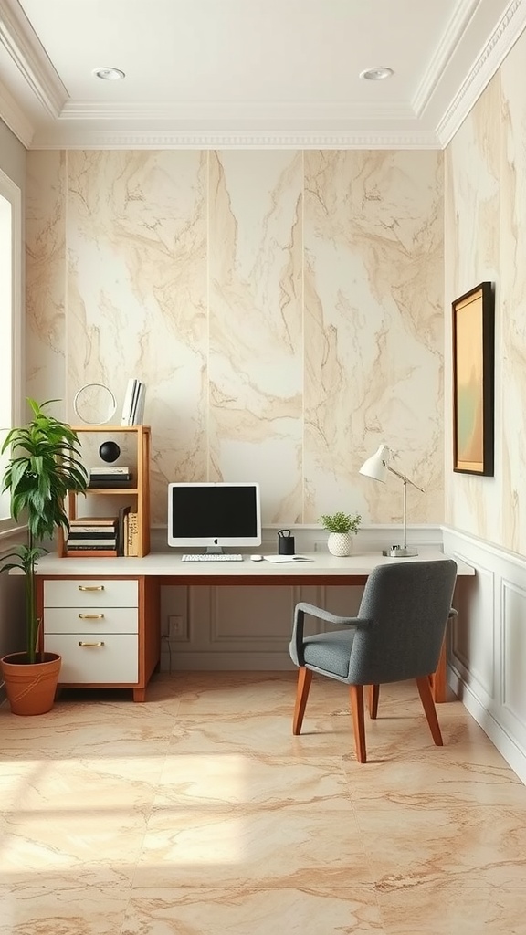 A stylish home office featuring vintage beige and brown marble flooring.