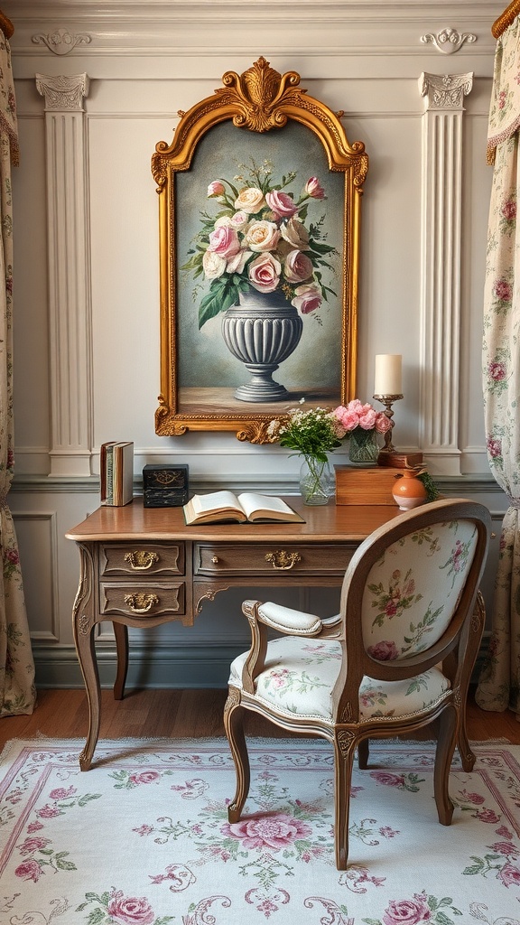 A vintage home office featuring a wooden desk, floral chair, and a floral painting on the wall.