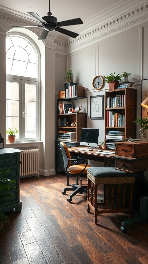 Cozy office nook featuring vintage decor and a functional desk setup with bookshelves and plants