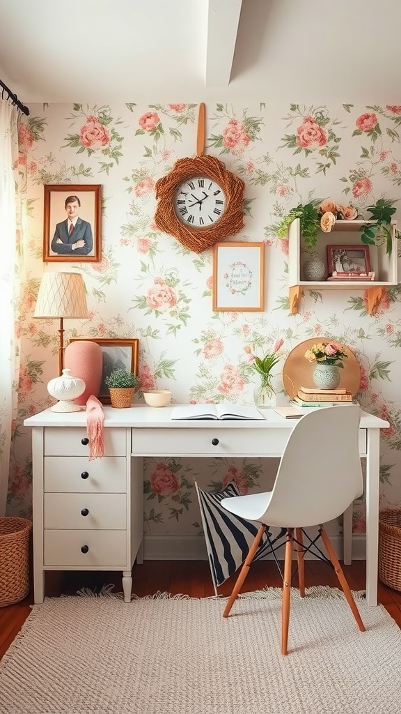 A feminine home office with vintage floral wallpaper, white desk, and cozy decor