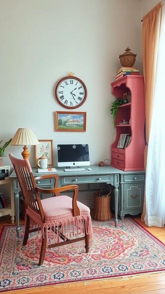 A vintage glam home office featuring a green desk, fringed chair, pink bookshelf, and decorative elements.