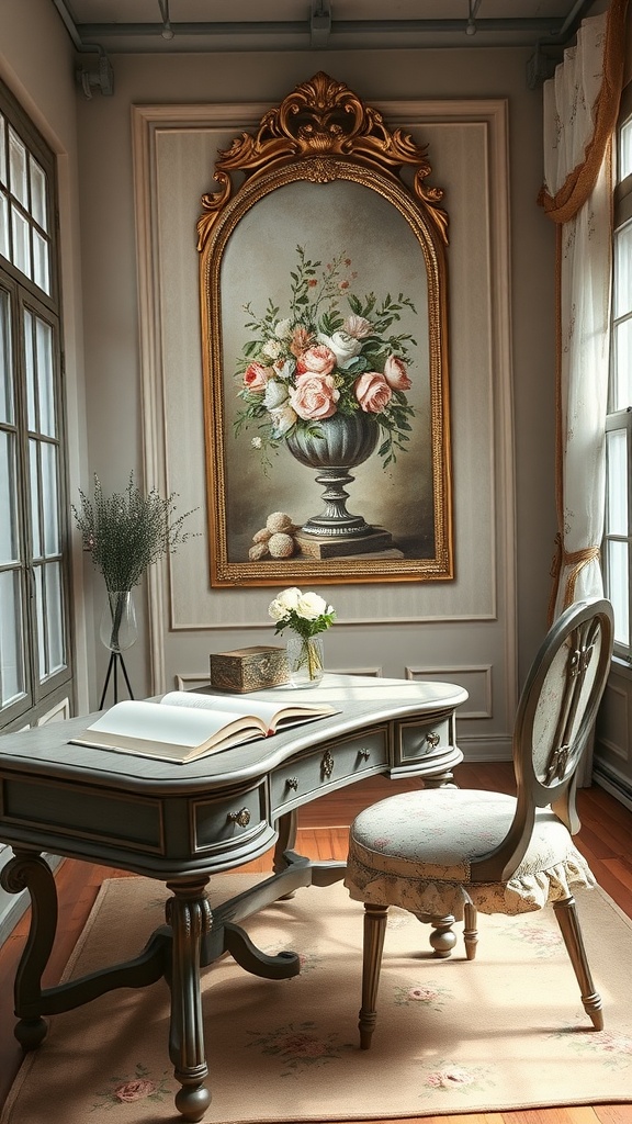 A vintage home office featuring a grey desk, floral painting, and cozy chair.
