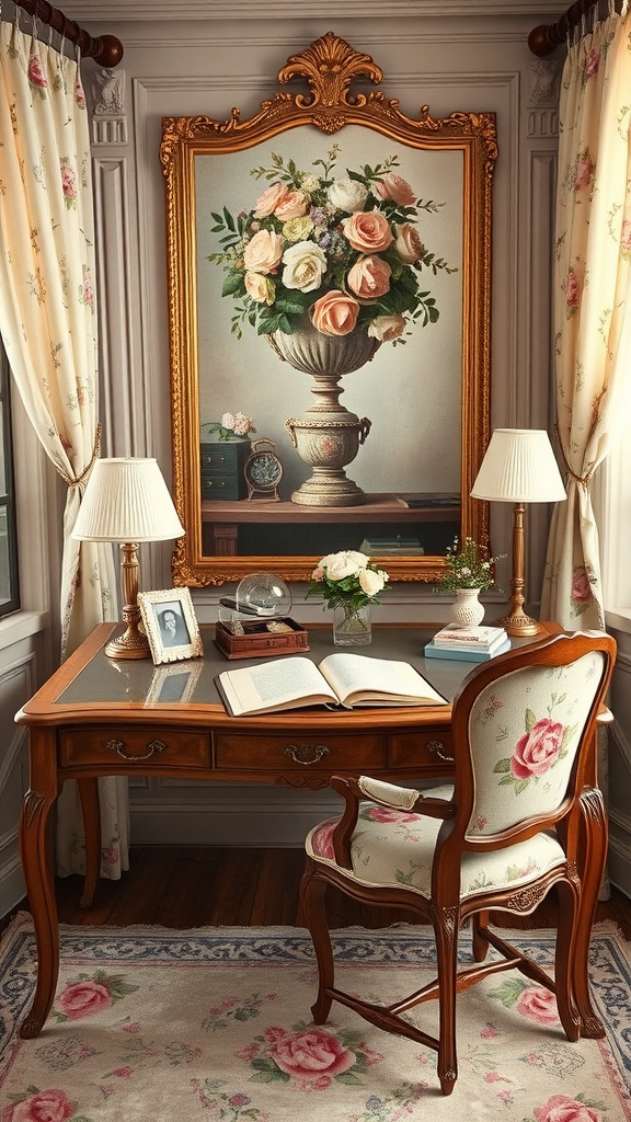 A vintage office featuring a wooden desk, floral chair, and vintage artwork.