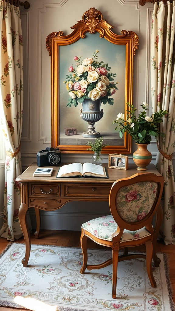 A vintage home office featuring a wooden desk, floral chair, and a large floral painting in an ornate frame.