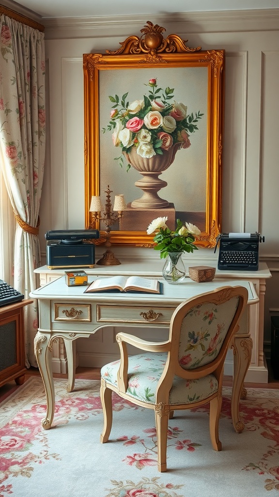 A vintage home office featuring a floral chair, a desk with typewriters, and a large floral painting.