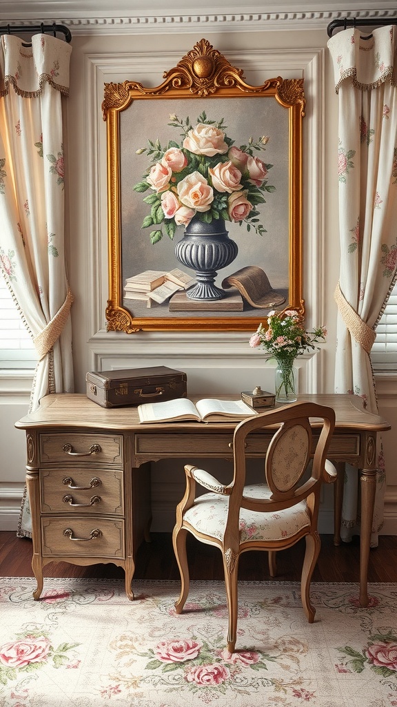A vintage home office with floral curtains, a wooden desk, and a painting of pink roses.