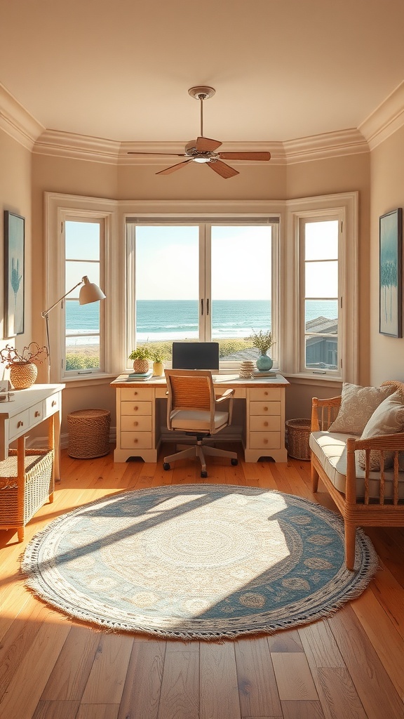 Coastal cottage home office with warm beige lighting and beach view