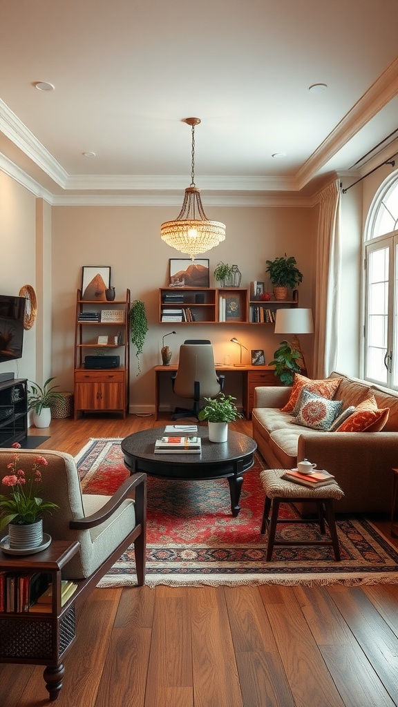 Cozy living room with office space featuring warm tones, plants, and comfortable seating.