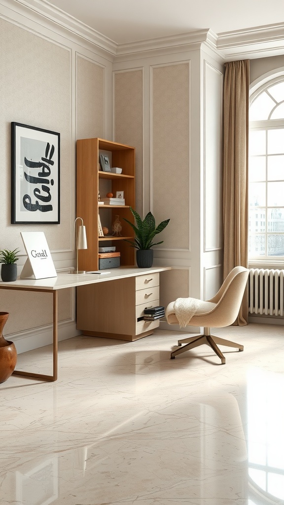 A stylish home office featuring warm taupe Crema Marfil marble flooring, a wooden desk, and a modern chair.