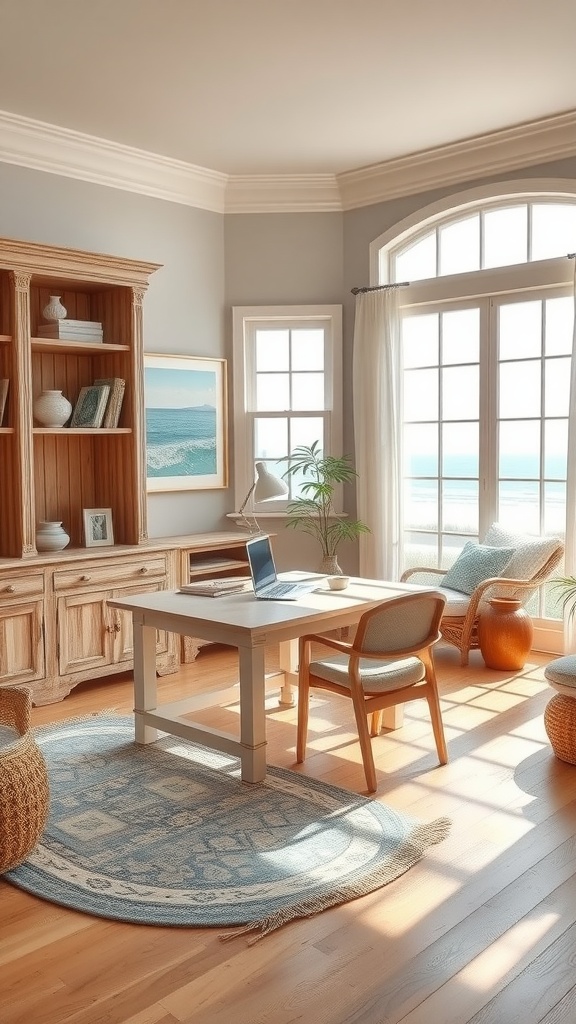 A bright and airy coastal cottage home office featuring light wood furniture and soft beige accents.