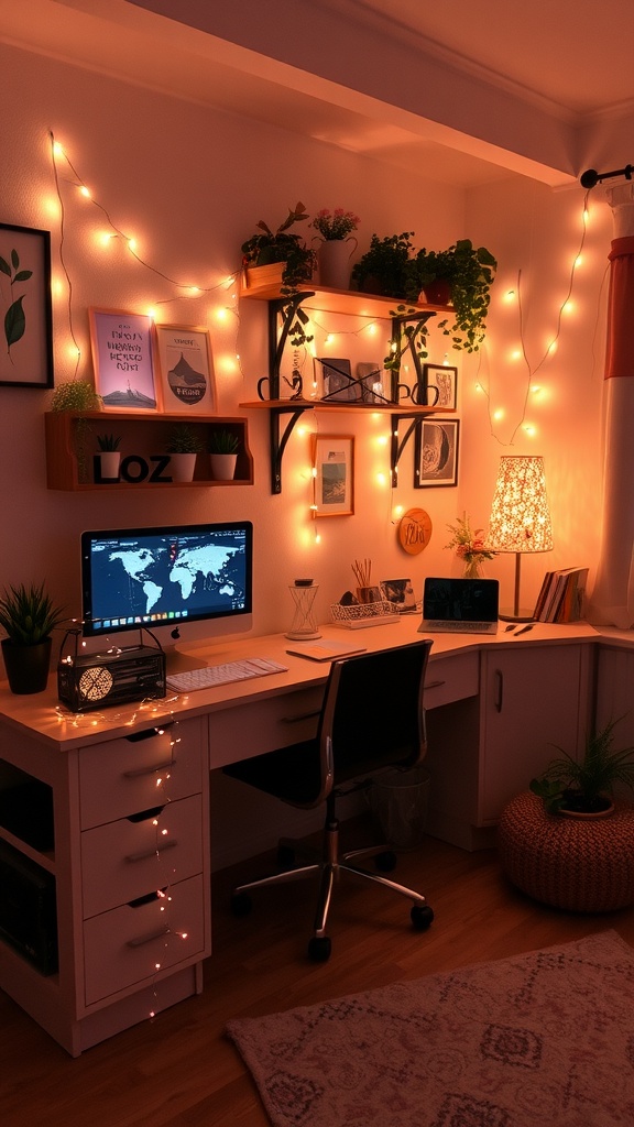 An inviting home office space with warm fairy lights, a desk with a computer, and decorative plants.