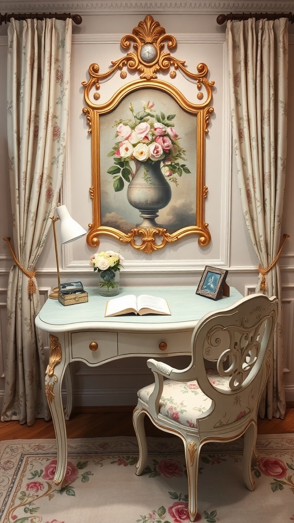 A vintage home office featuring a floral chair, an elegant desk with an open book, and a framed painting of roses.