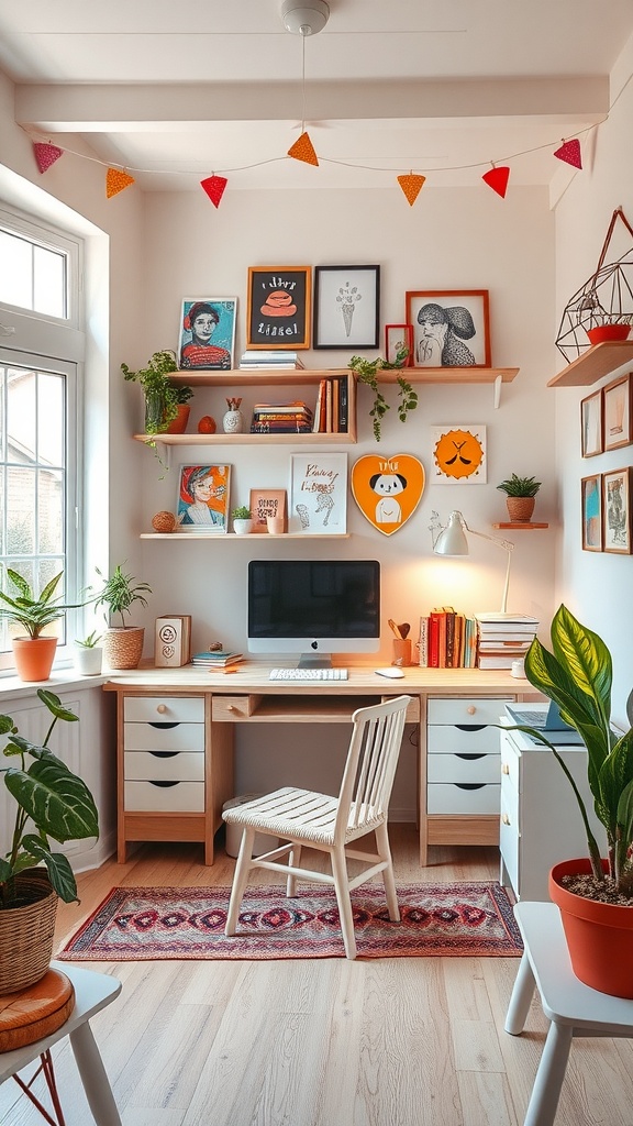 A cozy and whimsical home office setup featuring a desk, potted plants, and colorful wall art.