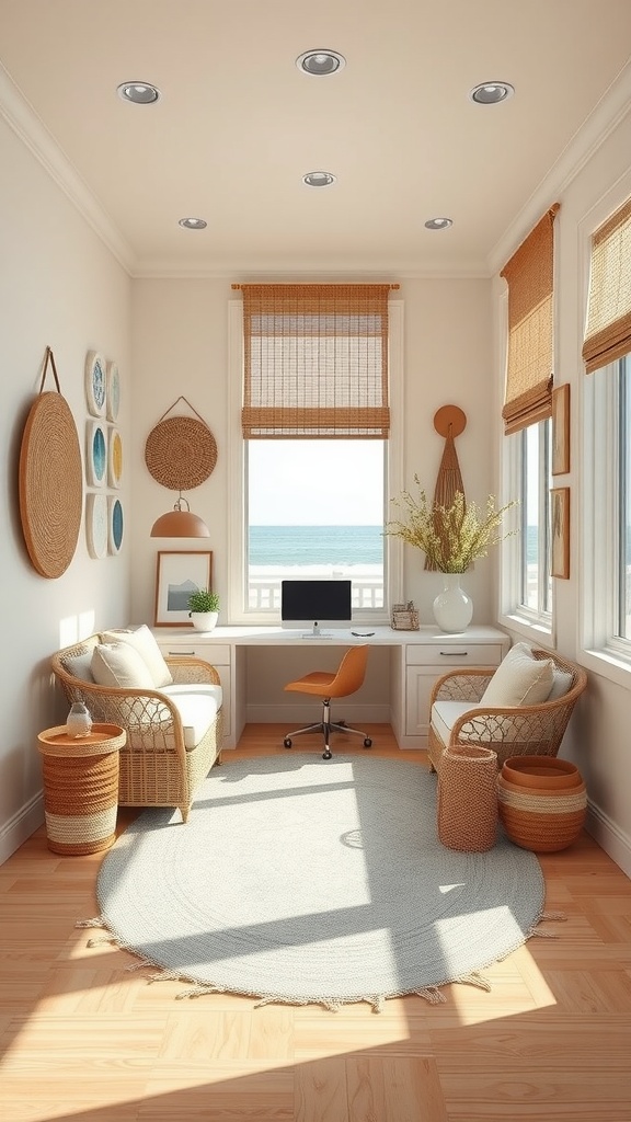 A bright coastal cottage home office showcasing woven wall hangings, beige aesthetic decor, and a view of the sea.