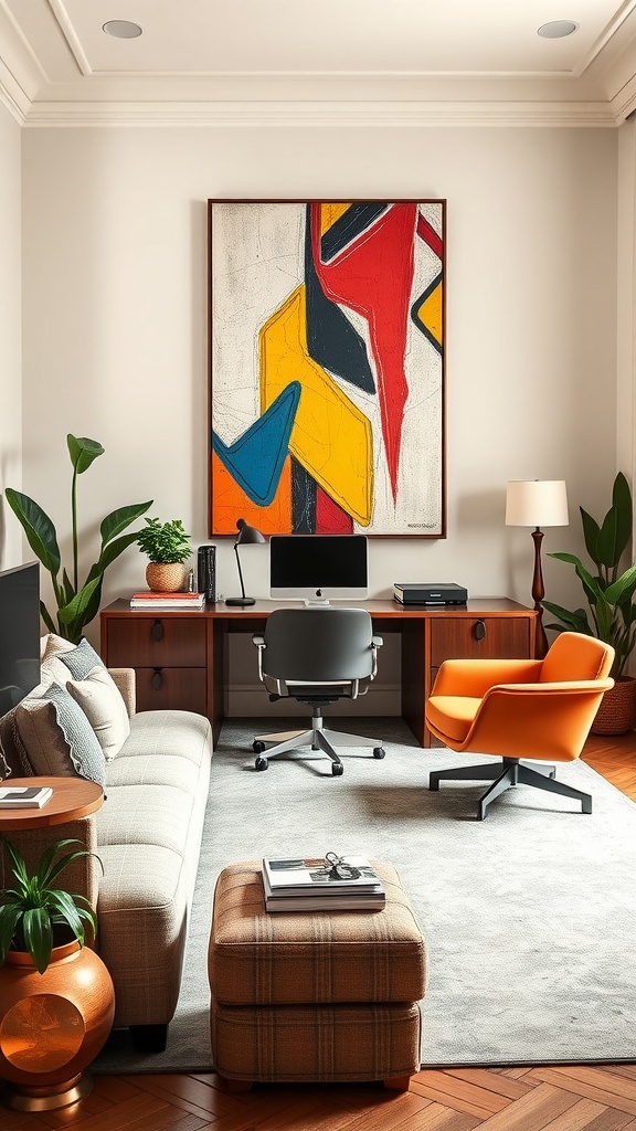 A modern home office featuring abstract art, an orange chair, and stylish furniture.