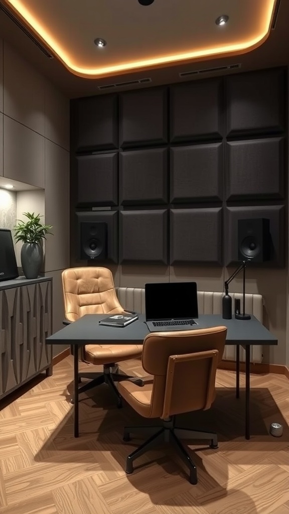 A modern office with acoustic panels, desk, and stylish decor.