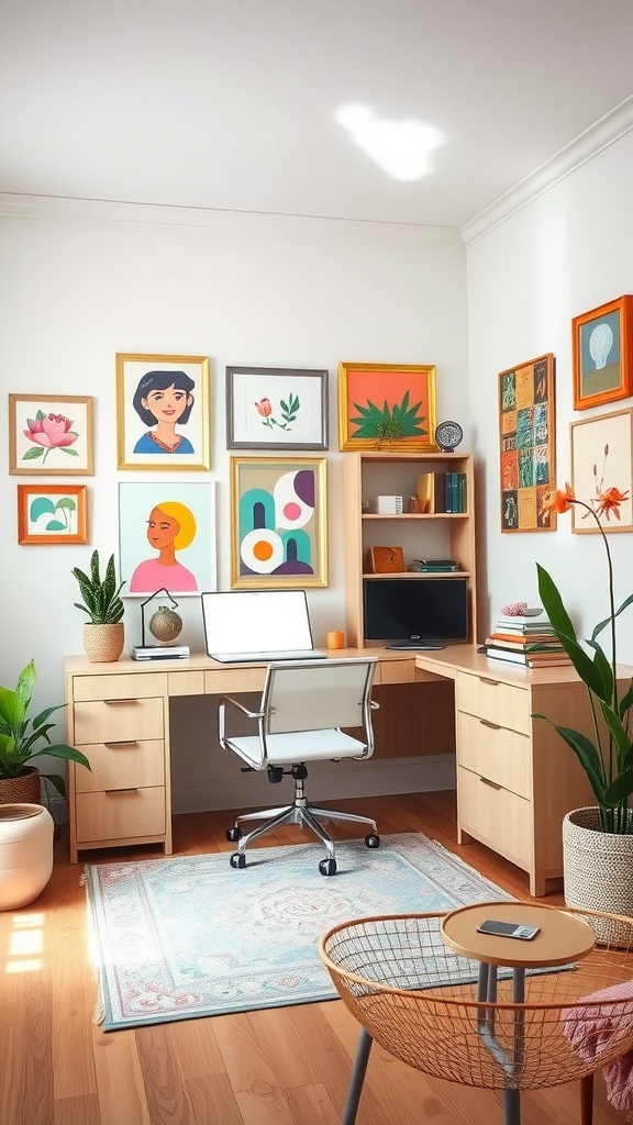 A bright and cheerful home office featuring colorful framed artwork, a wooden desk, and plants, creating a lively and inviting atmosphere.