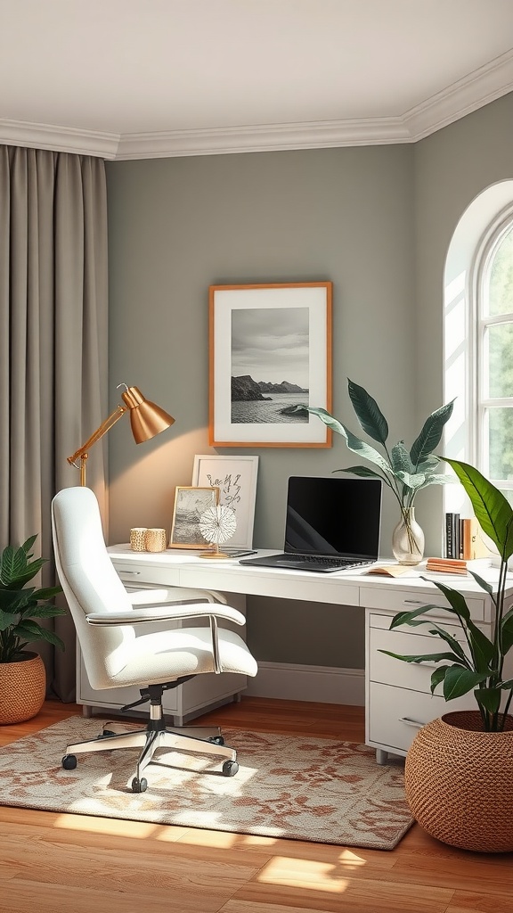 A stylish home office featuring a white desk, green plants, and a modern lamp, bathed in natural light.
