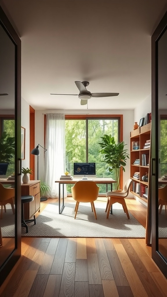A bright home office featuring a wooden desk, chair, and various indoor plants, creating a spring aesthetic.