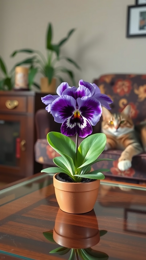 An African violet in a pot, with a cat lounging in the background.