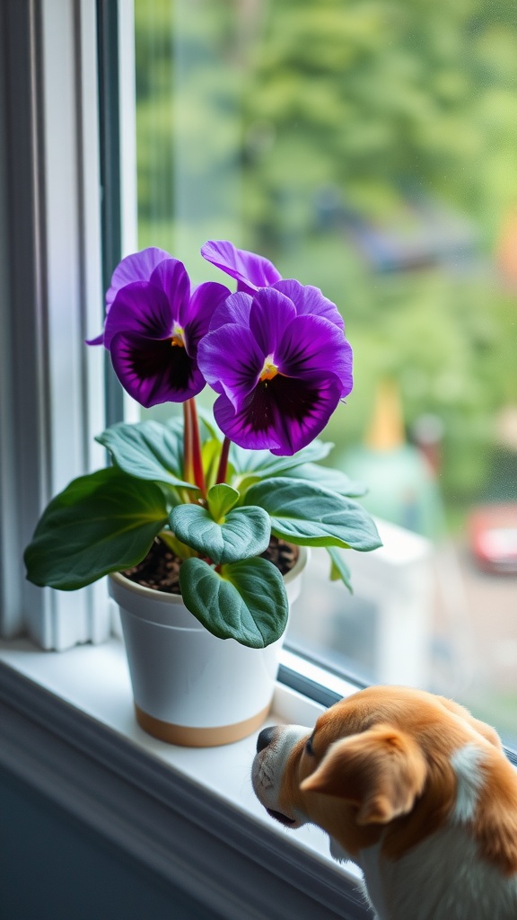 A dog looking at African Violets on a windowsill.