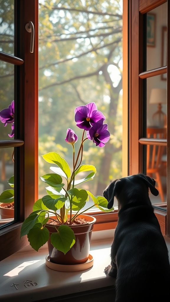 A black dog sitting by a window looking at a flowering African Violet plant.