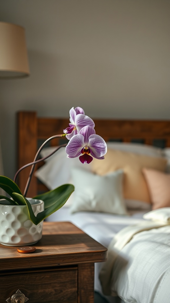 A vibrant African Violet in a white pot sitting on a wooden nightstand, with a softly lit bedroom background.