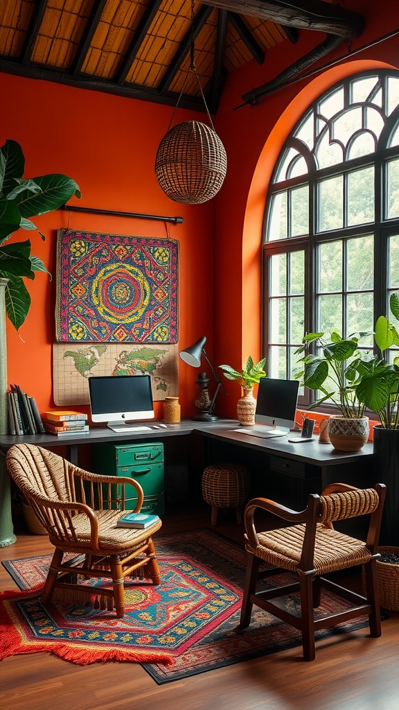 A vibrant home office featuring elements inspired by Akan traditional architecture