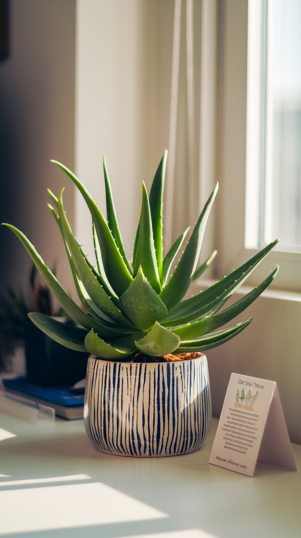 Aloe Vera plant in a decorative pot on a desk near a window, with informational card beside it.