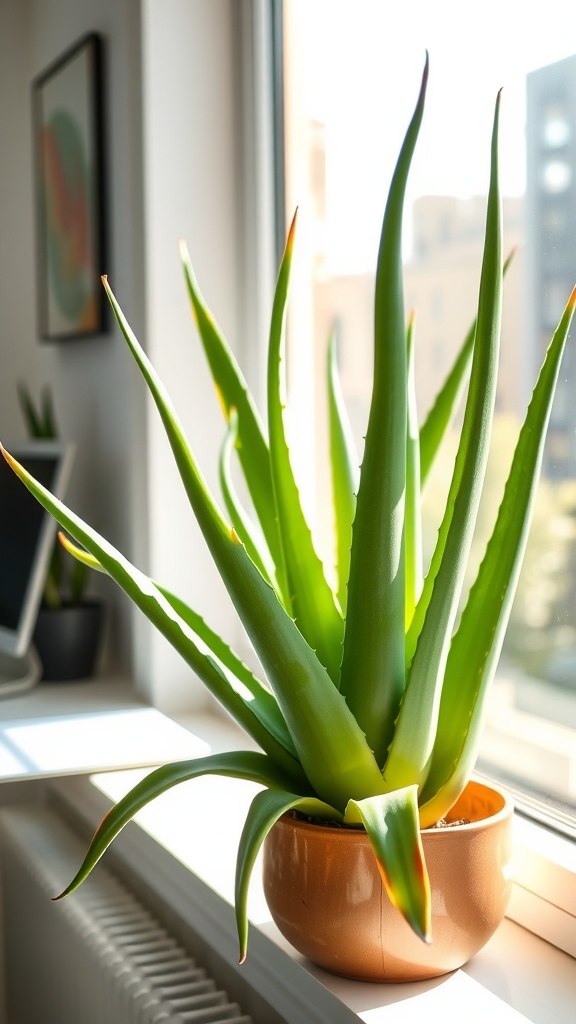 Aloe Vera plant in a black pot on a bright windowsill