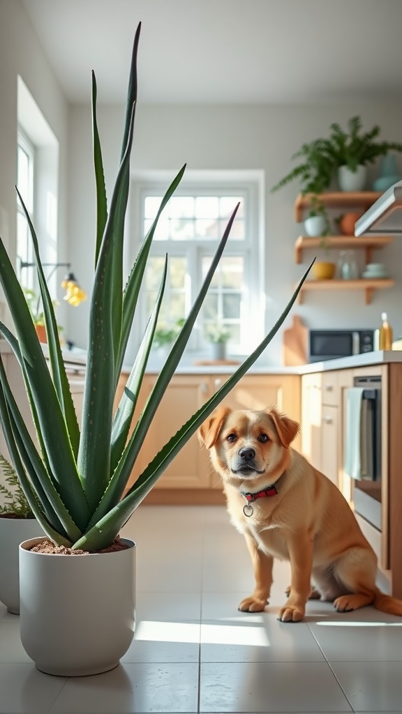Aloe Vera plant next to a dog in a sunny kitchen