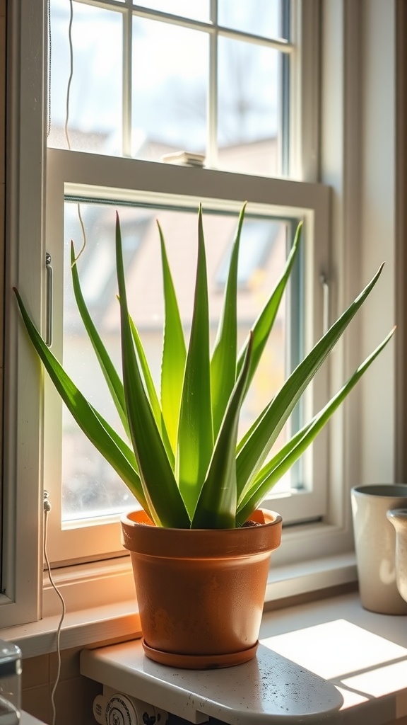 Aloe Vera plant in a black pot on a bright windowsill