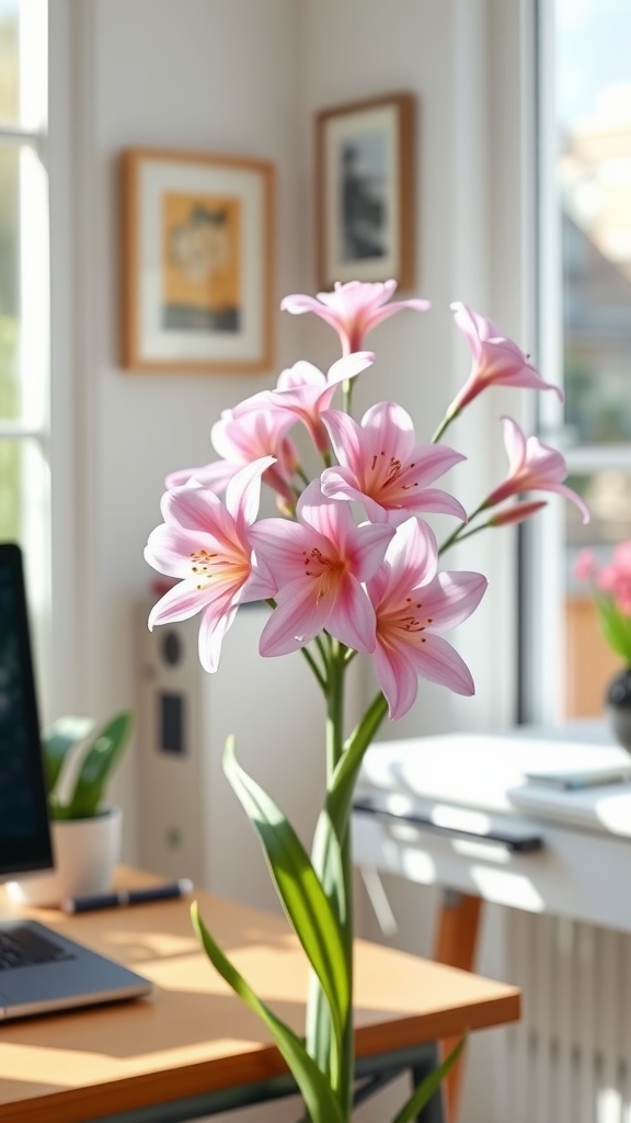 A bouquet of pink Alstroemeria flowers in a feminine home office setting, with a desk and laptop in the background.