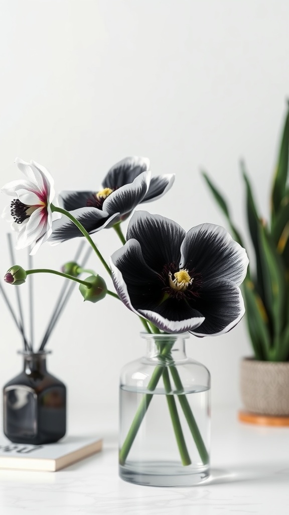 A stylish vase with black and white anemones on a desk, enhancing a feminine home office aesthetic