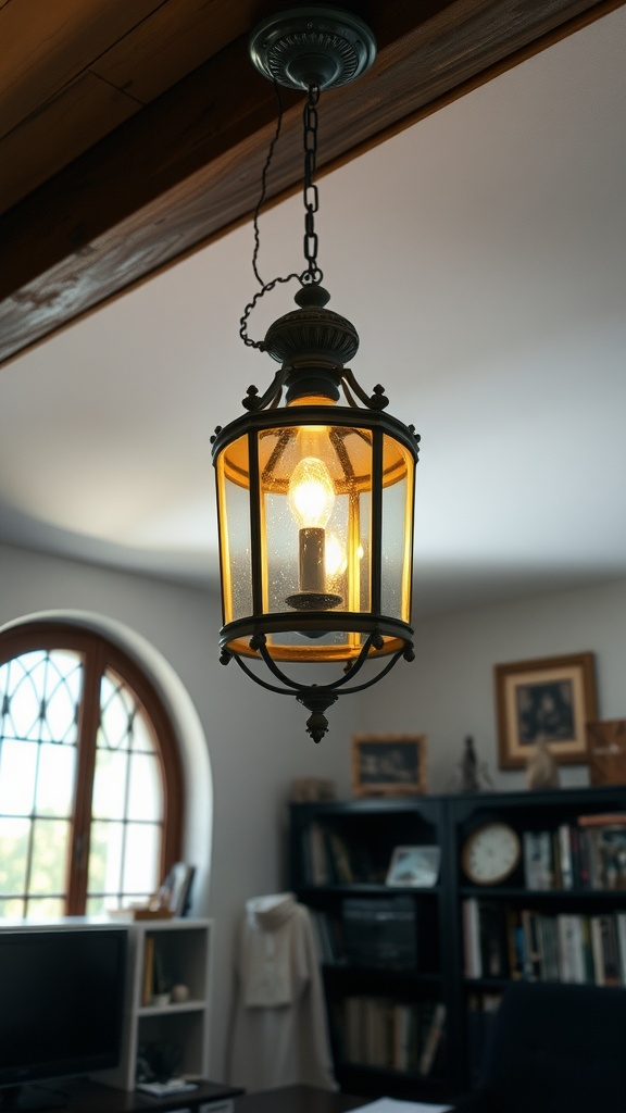 A gothic-style home office featuring antique pendant lighting and a gothic rose window.