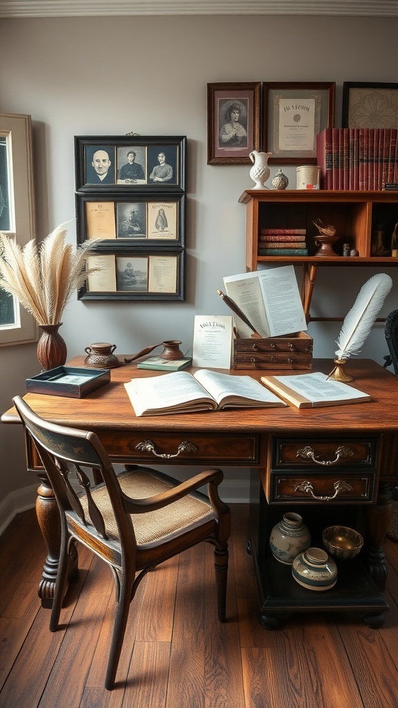 Antique writing accessories in a cozy English cottage home office, featuring a wooden desk with books, a quill, and framed portraits.